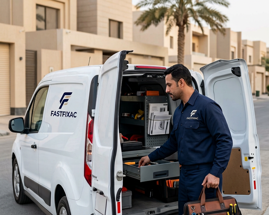FastFixAC service van and technician ready for same day home appliance repair visits across Dammam